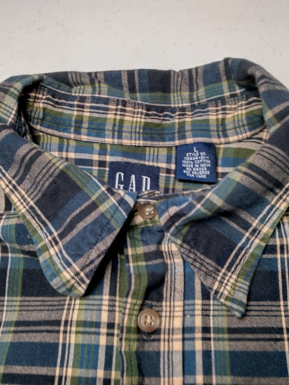 Vintage 1990s GAP Shirt Large Madras Plaid Green Blue Short Slv Grunge Preppy - Picture 9 of 10